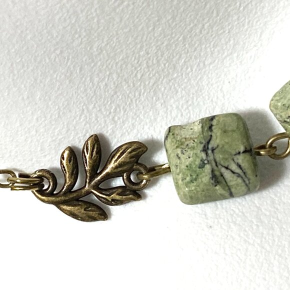 2/$20 Dark Green Serpentine Leaf Branch Necklace, Genuine Gemstone Bronze Chain - Picture 7 of 16